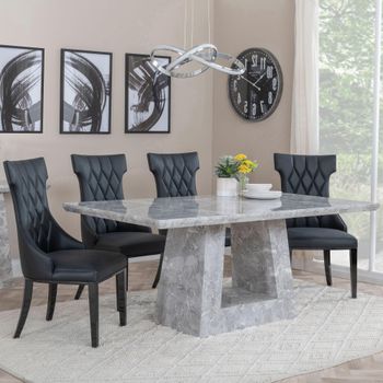 Milan Grey Marble 6 Seater 160cm Dining Set with Mimi Black Leather Dining Chairs