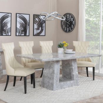 Milan Grey Marble 6 Seater 160cm Dining Set with Mimi Cream Leather Dining Chairs