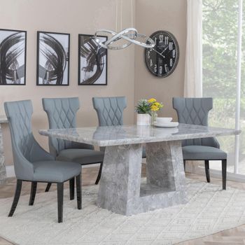 Milan Grey Marble 6 Seater 160cm Dining Set with Mimi Grey Leather Dining Chairs