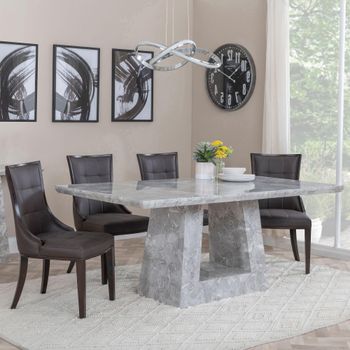 Milan Grey Marble 6 Seater 160cm Dining Set with Paris Brown Leather Dining Chairs & Brown Legs