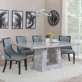 Milan Grey Marble 6 Seater 160cm Dining Set with Paris Grey Leather Dining Chairs & Black Legs