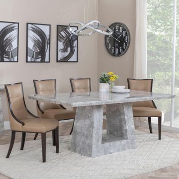 Milan Grey Marble 6 Seater 160cm Dining Set with Paris Taupe Leather Dining Chairs & Brown Legs