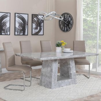 Milan Grey Marble 6 Seater 160cm Dining Set with Roma Beige Faux Leather Dining Chairs