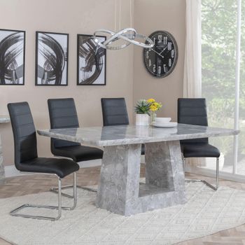 Milan Grey Marble 6 Seater 160cm Dining Set with Roma Black Faux Leather Dining Chairs