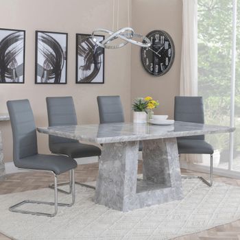 Milan Grey Marble 6 Seater 160cm Dining Set with Roma Grey Faux Leather Dining Chairs