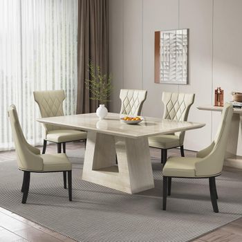 Milan Travertine Beige Marble 6 Seater 160cm Dining Set with Mimi Cream Leather Dining Chairs