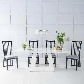 Milan White Marble 6 Seater 160cm Dining Set with Athena Black Gloss Chairs & Grey Seat Pads