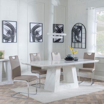 Milan White Marble 6 Seater 160cm Dining Set with Bianco Beige Faux Leather Dining Chairs