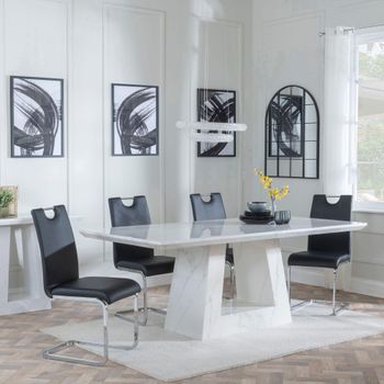 Milan White Marble 6 Seater 160cm Dining Set with Bianco Black Faux Leather Dining Chairs