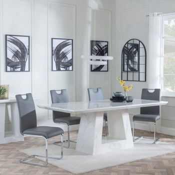 Milan White Marble 6 Seater 160cm Dining Set with Bianco Grey Faux Leather Dining Chairs