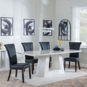 Milan White Marble 6 Seater 160cm Dining Set with Cadiz Black Leather Dining Chairs