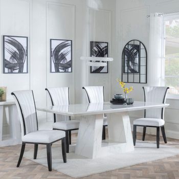 Milan White Marble 6 Seater 160cm Dining Set with Cadiz White Leather Dining Chairs
