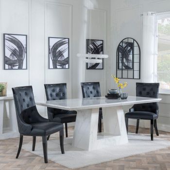 Milan White Marble 6 Seater 160cm Dining Set with Carmela Black Leather Dining Chairs