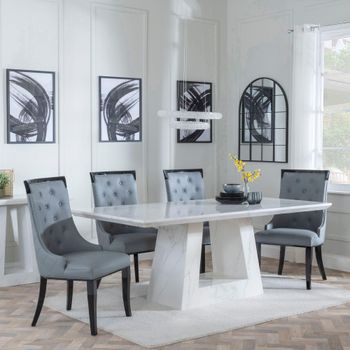 Milan White Marble 6 Seater 160cm Dining Set with Carmela Grey Leather Dining Chairs