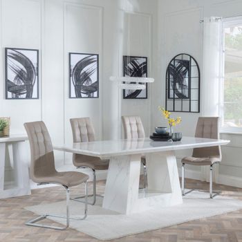 Milan White Marble 6 Seater 160cm Dining Set with Jamison Beige Faux Leather Dining Chairs