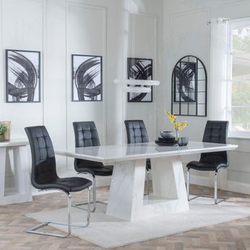 Milan White Marble 6 Seater 160cm Dining Set with Jamison Black Faux Leather Dining Chairs