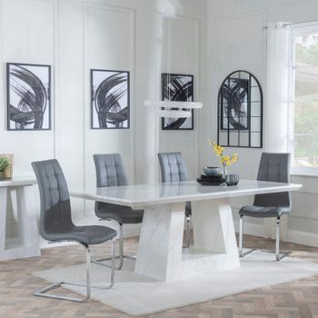 Milan White Marble 6 Seater 160cm Dining Set with Jamison Grey Faux Leather Dining Chairs