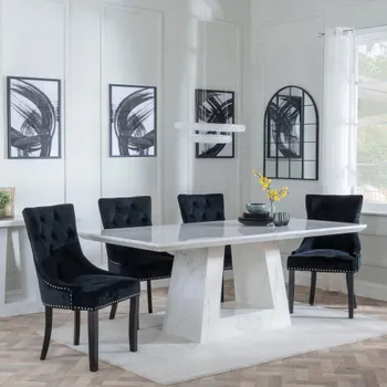 Milan White Marble 6 Seater 160cm Dining Set with Knocker Back Black Velvet Chairs & Black Legs