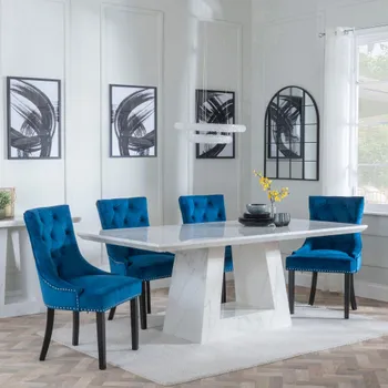 Milan White Marble 6 Seater 160cm Dining Set with Knocker Back Blue Velvet Chairs & Black Legs