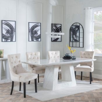 Milan White Marble 6 Seater 160cm Dining Set with Knocker Back Champagne Velvet Chairs & Black Legs