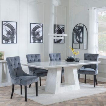 Milan White Marble 6 Seater 160cm Dining Set with Knocker Back Grey Velvet Chairs & Black Legs