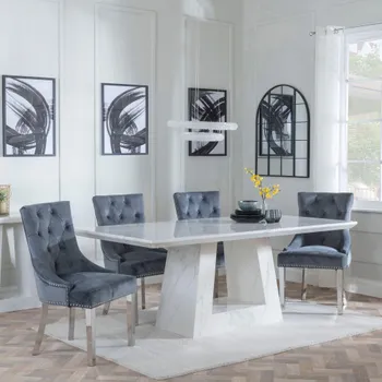 Milan White Marble 6 Seater 160cm Dining Set with Knocker Back Grey Velvet Chairs & Chrome Legs
