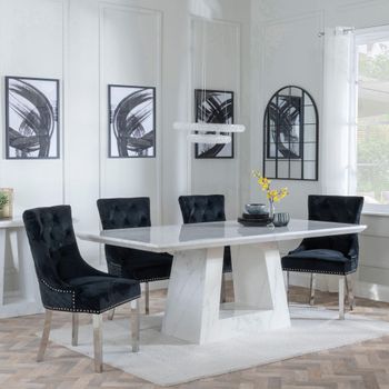 Milan White Marble 6 Seater 160cm Dining Set with Lion Knocker Back Black Chairs & Chrome Legs