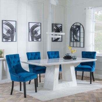 Milan White Marble 6 Seater 160cm Dining Set with Lion Knocker Back Blue Chairs & Black Legs