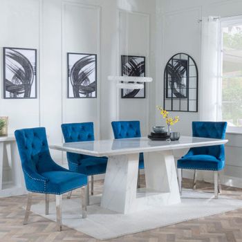 Milan White Marble 6 Seater 160cm Dining Set with Lion Knocker Back Blue Chairs & Chrome Legs