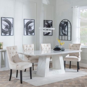 Milan White Marble 6 Seater 160cm Dining Set with Lion Knocker Back Champagne Chairs & Black Legs