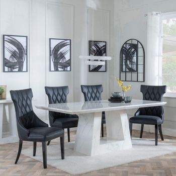 Milan White Marble 6 Seater 160cm Dining Set with Mimi Black Leather Dining Chairs
