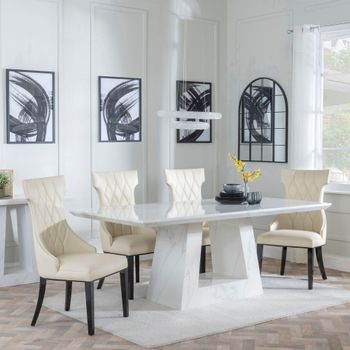 Milan White Marble 6 Seater 160cm Dining Set with Mimi Cream Leather Dining Chairs