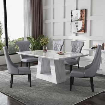 Milan White Marble 6 Seater 160cm Dining Set with Mimi Grey Leather Dining Chairs
