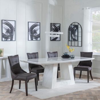 Milan White Marble 6 Seater 160cm Dining Set with Paris Brown Leather Dining Chairs & Brown Legs