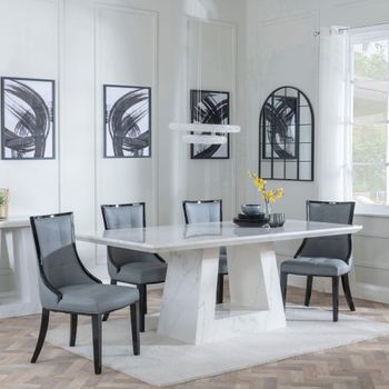Milan White Marble 6 Seater 160cm Dining Set with Paris Grey Leather Dining Chairs & Black Legs