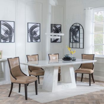 Milan White Marble 6 Seater 160cm Dining Set with Paris Taupe Leather Dining Chairs & Brown Legs