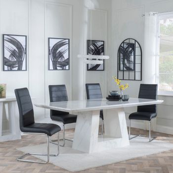Milan White Marble 6 Seater 160cm Dining Set with Roma Black Faux Leather Dining Chairs