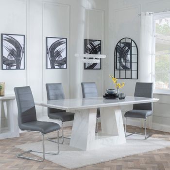 Milan White Marble 6 Seater 160cm Dining Set with Roma Grey Faux Leather Dining Chairs