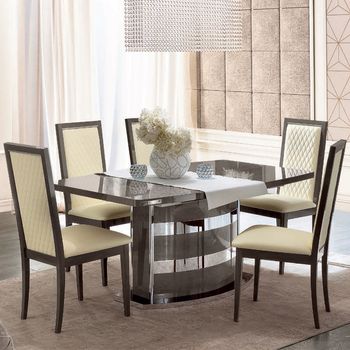 Platinum Italian Silver Birch Butterfly Extending Dining Set with Ivory Leather Chairs