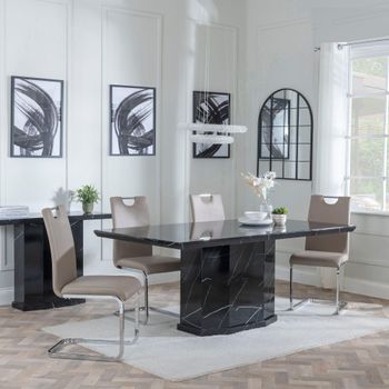 Naples Black Marble 6 Seater 160cm Dining Set with Bianco Beige Faux Leather Dining Chairs