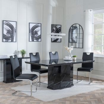 Naples Black Marble 6 Seater 160cm Dining Set with Bianco Black Faux Leather Dining Chairs