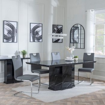 Naples Black Marble 6 Seater 160cm Dining Set with Bianco Grey Faux Leather Dining Chairs