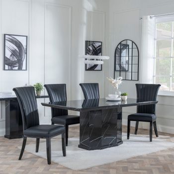 Naples Black Marble 6 Seater 160cm Dining Set with Cadiz Black Leather Dining Chairs
