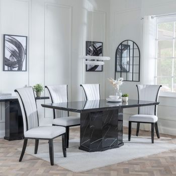 Naples Black Marble 6 Seater 160cm Dining Set with Cadiz White Leather Dining Chairs