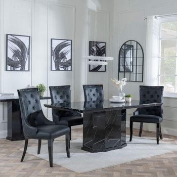 Naples Black Marble 6 Seater 160cm Dining Set with Carmela Black Leather Dining Chairs