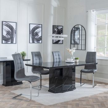 Naples Black Marble 6 Seater 160cm Dining Set with Jamison Grey Faux Leather Dining Chairs