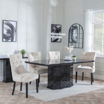 Naples Black Marble 6 Seater 160cm Dining Set with Knocker Back Champagne Velvet Chairs & Black Legs