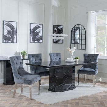 Naples Black Marble 6 Seater 160cm Dining Set with Knocker Back Grey Chairs & Chrome Legs