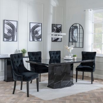 Naples Black Marble 6 Seater 160cm Dining Set with Lion Knocker Back Black Chairs & Black Legs