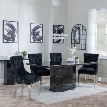 Naples Black Marble 6 Seater 160cm Dining Set with Lion Knocker Back Black Chairs & Chrome Legs